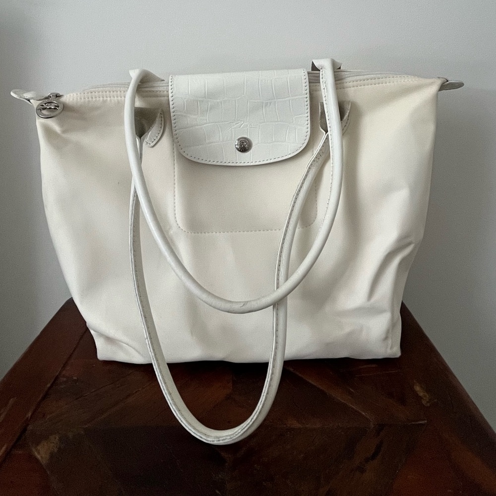 Longchamp White Shoulder Tote Bag - Croc Flap Detail